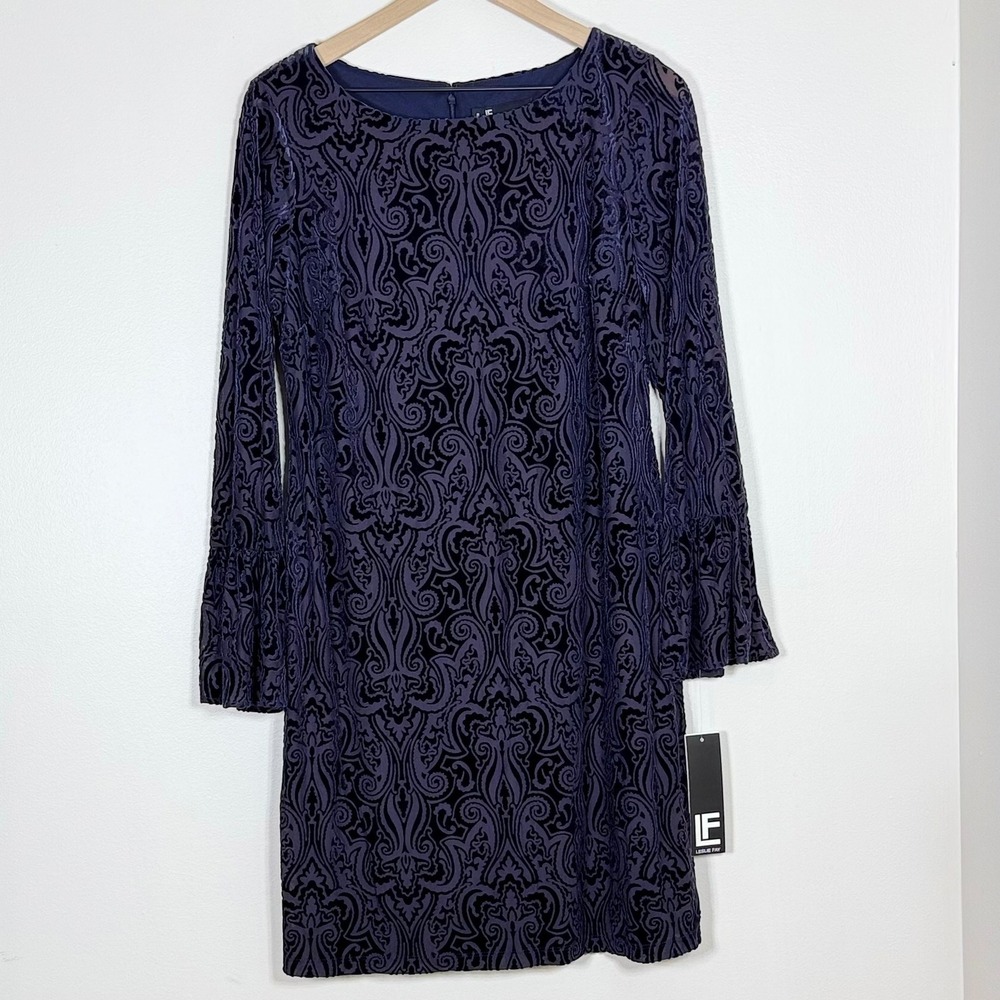 Leslie Fay Womens Velvet Burnout Dress Size 8 Navy Bell Sleeve Whimsigoth Party